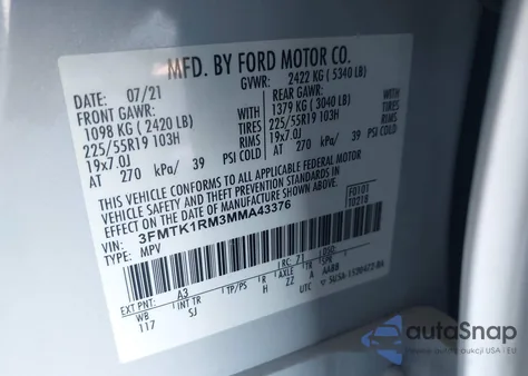 2021 Ford Mustang Mach-E Select z USA, uszkodzony, nr VIN 3FMTK1RM3MMA43376